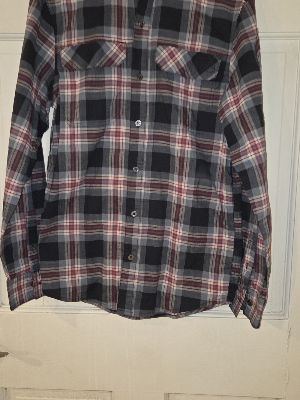 Wrangler Men's Plaid Button-Down Shirt in Navy, Gray & Red